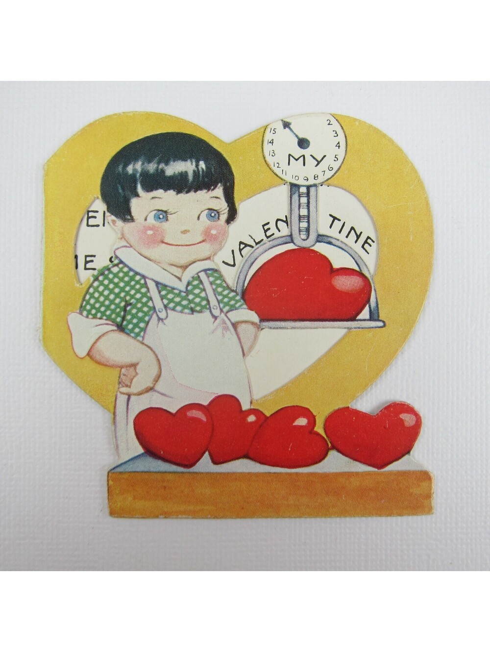 Vintage Valentine Boy Butcher Weigh Scale Red Hearts Die Cut  Bifold Window Card